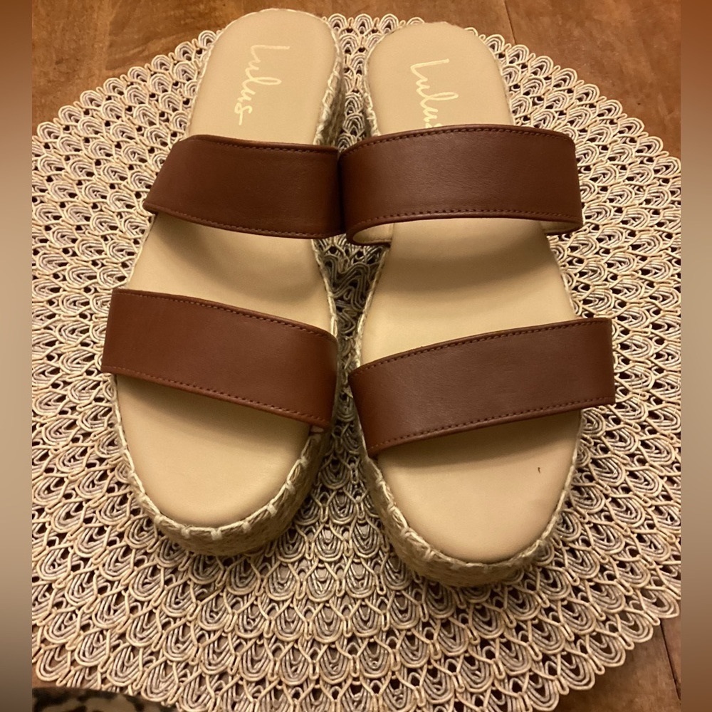 Lulus Double Leather Band Platform Wedge Slide Sandals